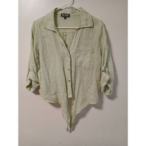 Alter brooklyn womens small 100% ITALIAN LINEN sage green shirt top tab sleeve
